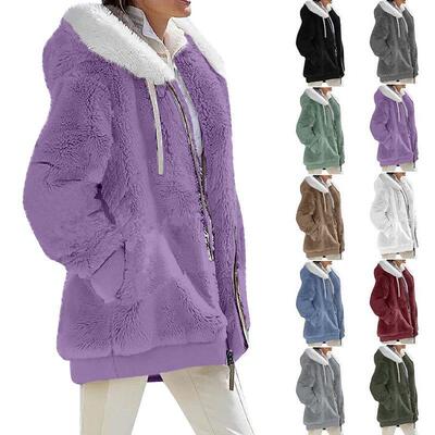 Plush long sleeved zipper pocket hooded warm jacket for