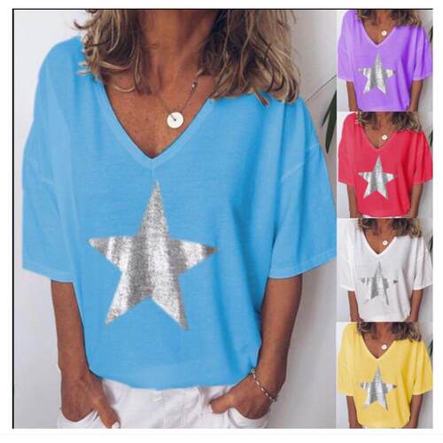 Top printed five pointed star collar short sleeved T-shirt