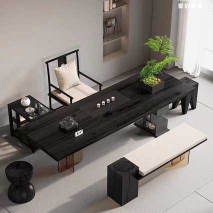 大板茶桌寂椅侘组合泡茶会客茶桌亚克实木办公室风碳黑桌子茶室力