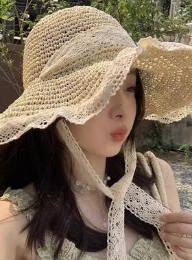 草帽海边帽子ins系带草编帽女夏出游防晒沙滩太阳帽蕾丝边遮阳帽