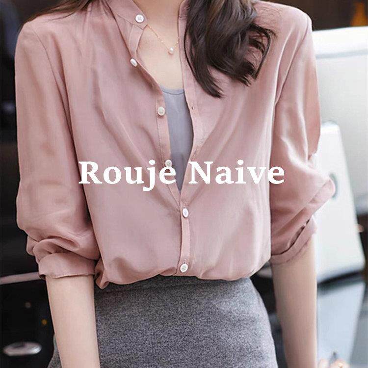 ROUJE NAIVE粉色小立领气质衬衫女夏薄款冰丝雪纺长袖防晒衫衬衣