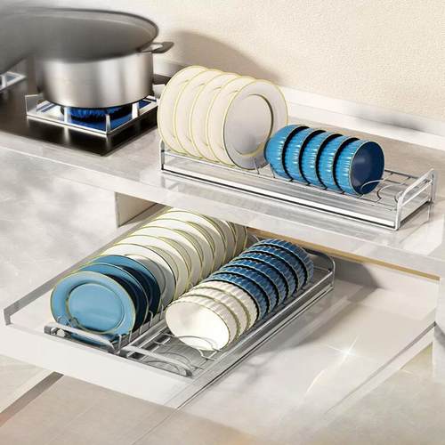 厨房抽屉收纳分隔内置橱柜内碗碟收纳架不锈钢放盘子沥水碗架拉篮