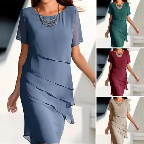 Dress patchwork round neck short sleeved dress for women
