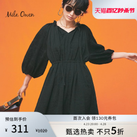 milaowen日系高腰，收身抽褶泡泡袖，纯色连衣裙女多色可选