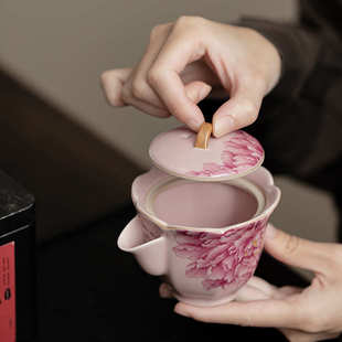 粉色汝窑牡丹花口手抓壶家用陶瓷功夫茶具单壶女士专用泡茶壶送礼