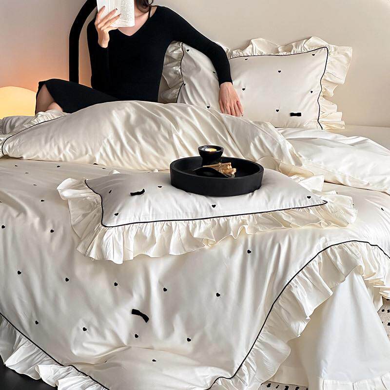 少女心四季长绒棉纯棉床单四件套爱心刺绣荷叶边被套全棉床上用品