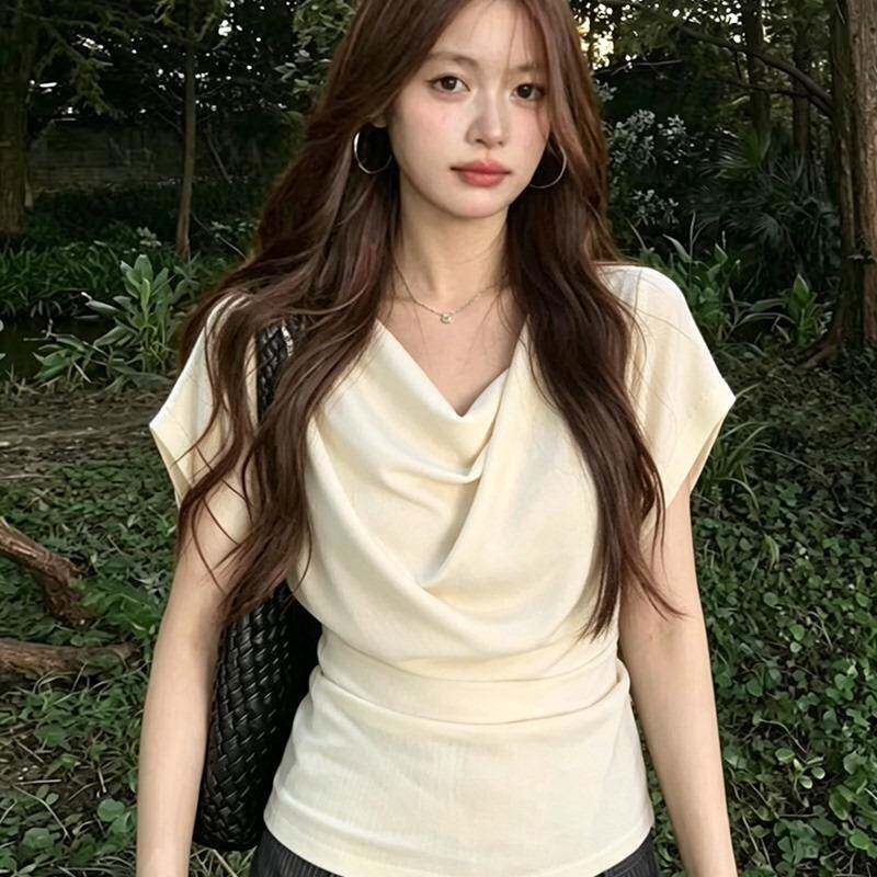法式气质白色垂折领短袖t恤女夏季2026新款小个子收腰显瘦百搭上