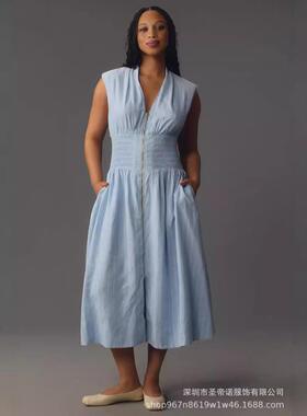 Women’s Summer Smocked Midi Dress—V-neck, sleeveless/cap s