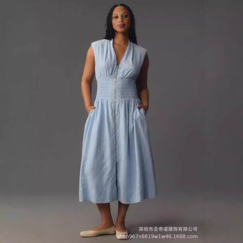 Women’s Summer Smocked Midi Dress—V-neck, sleeveless/cap s