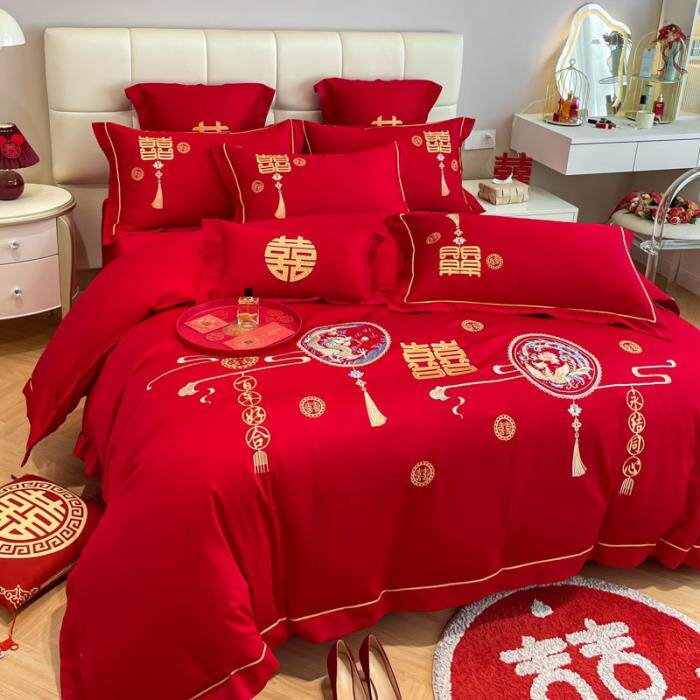 新款纯棉婚庆大被红色四件刺套绣档结婚礼陪嫁妆单高喜庆新房龙凤