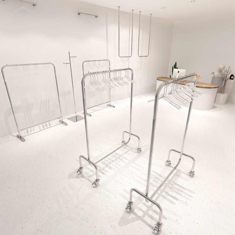 服装店货架女装店展示架不锈钢落地衣架简约可移动带轮陈列服装架
