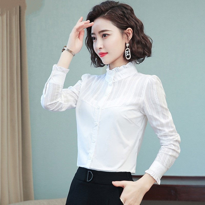 衬衫女式长袖2025春秋季新款白棉立领真菌底裤衬衫百搭上衣优雅衬