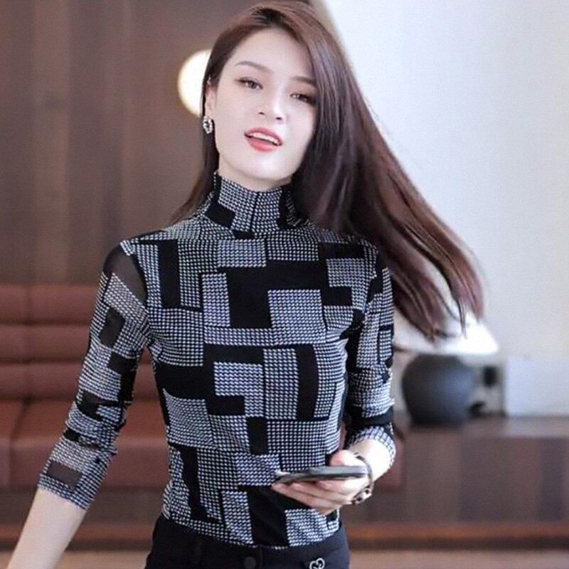 半高领打底衫女春秋季新款欧货爆款漂亮小衫上衣网纱格子长袖T恤