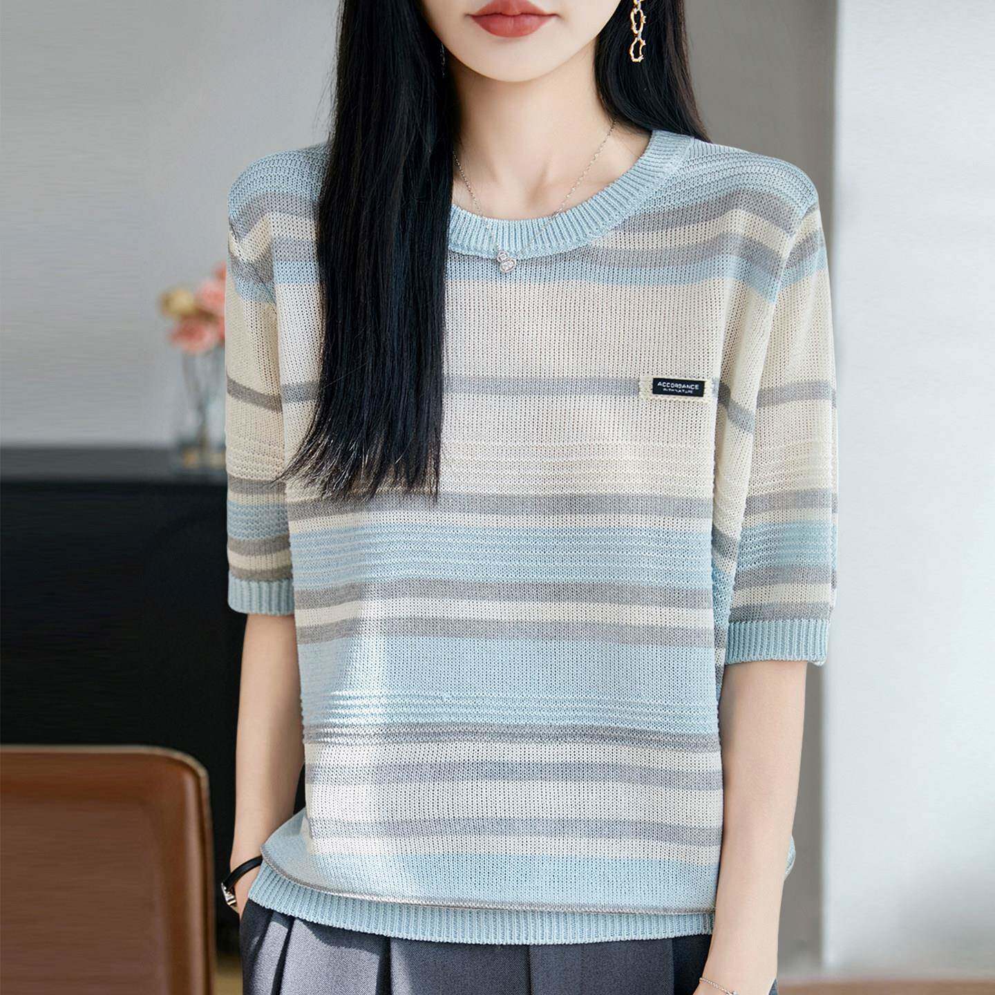 2026新款条纹撞色针织短袖t恤女夏季薄款冰丝针织衫大码女装上衣