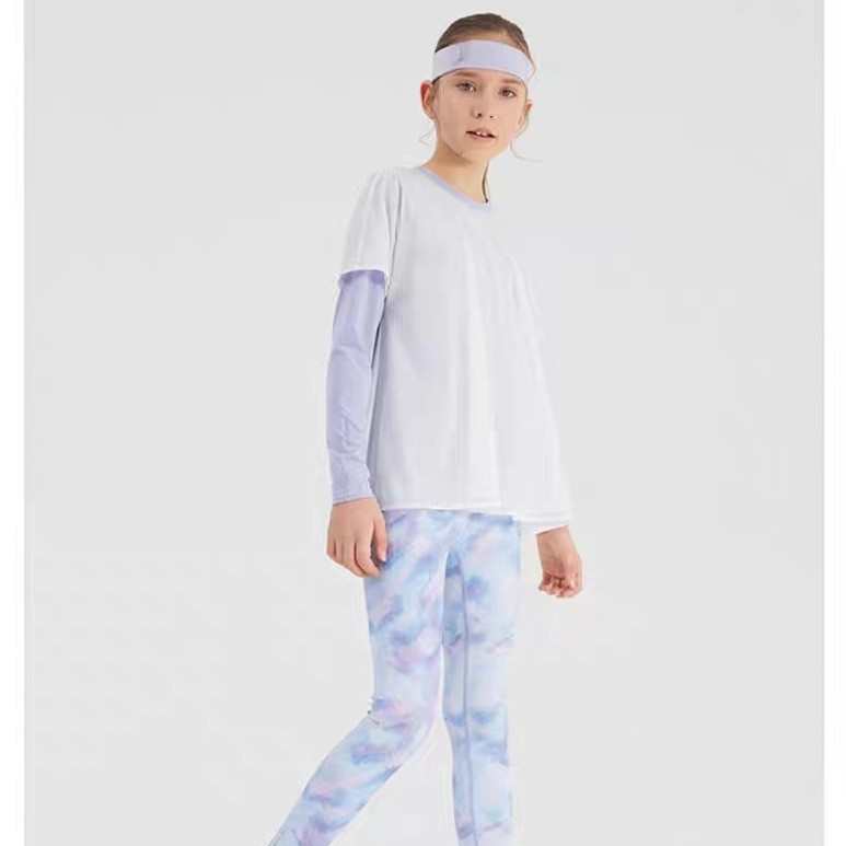 夏季防晒仙女孩儿童瑜伽服套装假两件长袖户外运动速干衣健身花裤