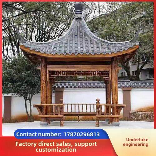 青瓦古建筑亭子走廊防腐实木古色古香户外景观庭院木屋别墅四角六