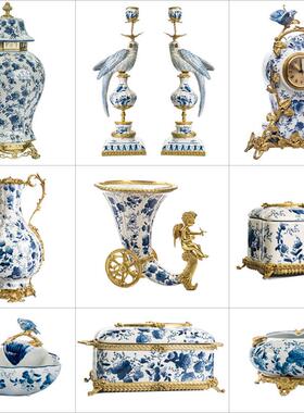 欧式青花瓷系列摆件陶瓷配铜花瓶纸巾盒客厅装饰青花将军罐烛台