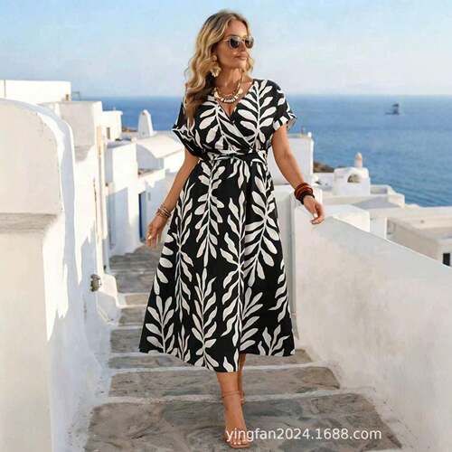Plus Size Lace Dress Deep V Sheer Long Sleeve