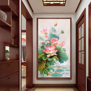 玄关画花开富贵越南柬埔寨 青飞精准印布荷花生莲子十字绣竖版