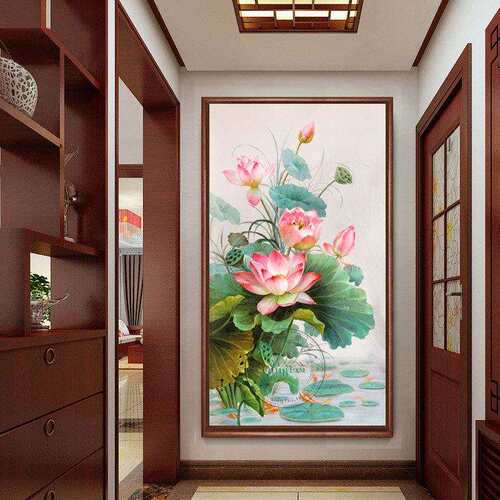 青飞精准印布荷花生莲子十字绣竖版玄关画花开富贵越南柬埔寨