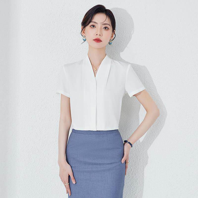 高级感职业白色衬衫女夏气质领雪纺上衣工作服通勤短袖衬衫套裙