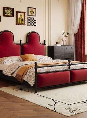 法式复古床老巴黎双人床1.8m高级黑色床1.5m美式罗马柱实木丝绒床