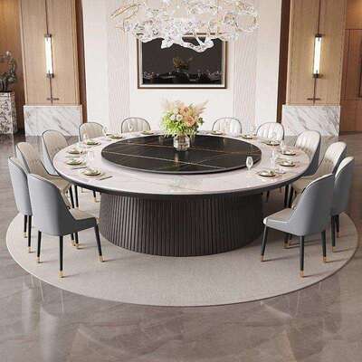 酒店餐桌岩板火锅桌子电磁炉一体带电动转盘米米商用人大圆桌