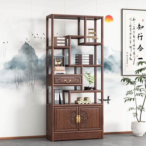 实木博古架多宝阁新中式书架办公室隔断架南榆木茶柜摆件架展示柜