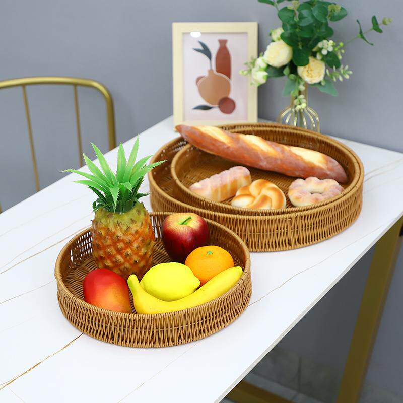 手工编织仿藤塑料圆形水果篮子零食面包收纳篮家用收纳杂物储物筐