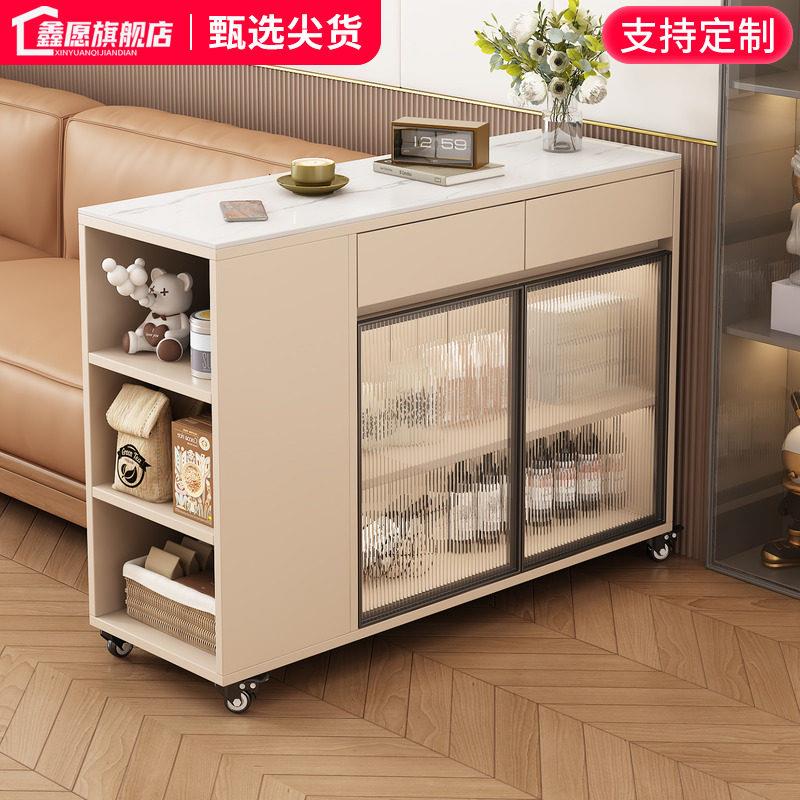 客厅实木沙发边柜侧边岩板茶几可移动边几家用床边桌小推车置物架