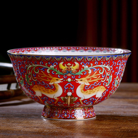 景德镇珐琅彩陶瓷金边碗中式家用骨瓷米饭碗面，碗餐具高脚仿古单碗