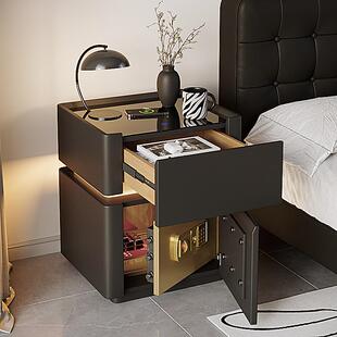 智能床头柜保险箱一体家用卧室实木带锁高级轻奢多功能黑色收纳柜