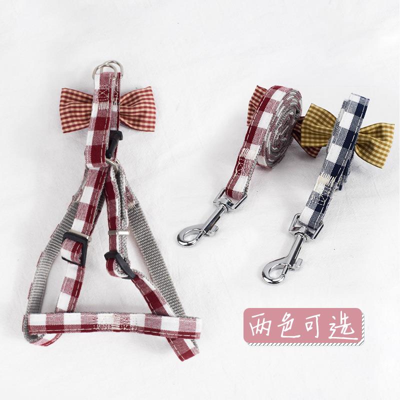 新款直销宠物用品狗绳子 蝴蝶结格子狗狗胸背牵引绳 可调节狗胸背