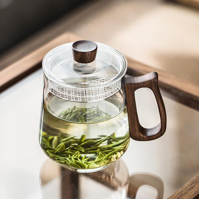 高档磁吸月牙过滤网玻璃泡绿花茶杯茶水分离办公室喝茶个人专用