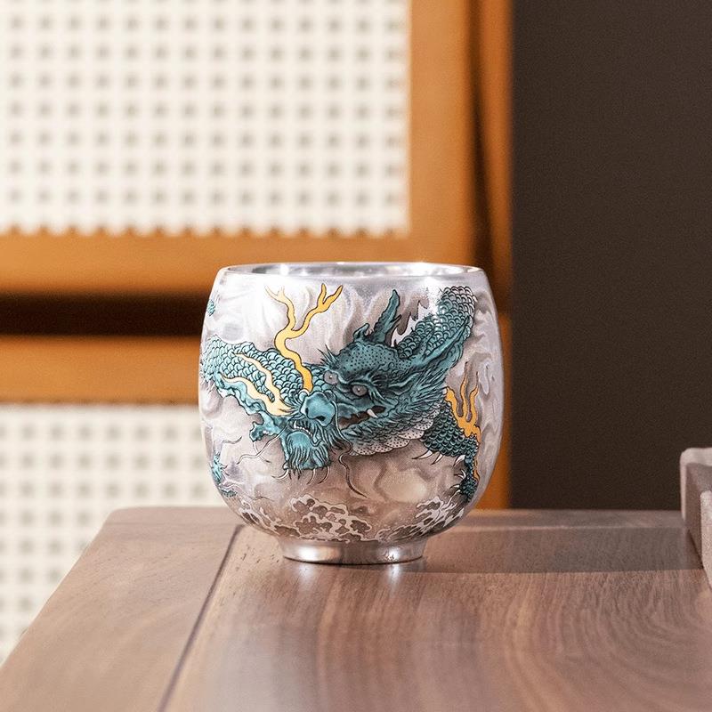 高档鎏银上作画青龙主人杯子中式陶瓷功夫泡茶杯单杯家用养生茶盏图片