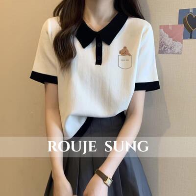 ROUJE SUNG~复古chic正肩短袖T恤女Polo领夏季新款设计感短款上衣