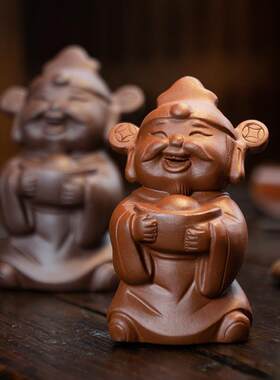 宜兴紫砂茶宠财神摆件雕塑人物元宝佛小沙弥和尚茶玩茶桌配件