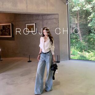 ROUJE CHIC法式白色设计感假两件连体长袖衬衫女春季牛仔裤两件套