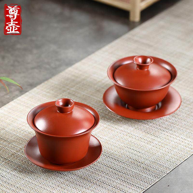 宜兴紫砂三才杯盖碗单个茶碗带盖子泡茶杯大号防烫覆古陶瓷功夫茶