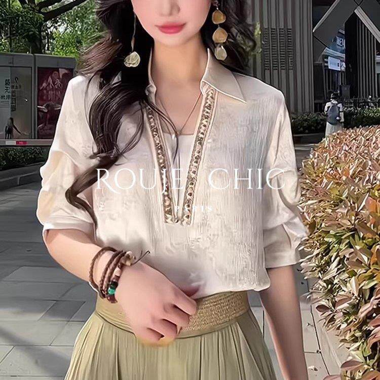 法国rouje chic法式杏色缎面提花衬衫女夏季别致独特设计感上衣