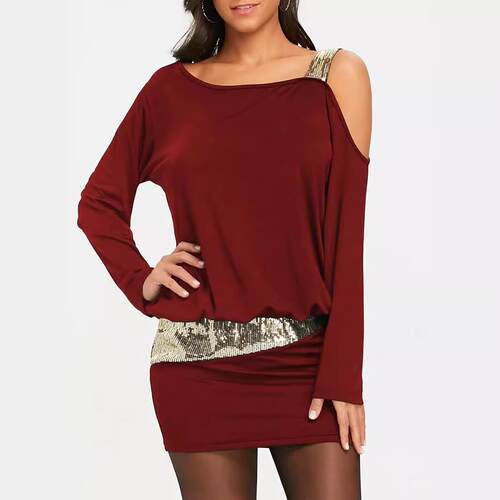 Black long sleeved sequined off shoulder set mini dress