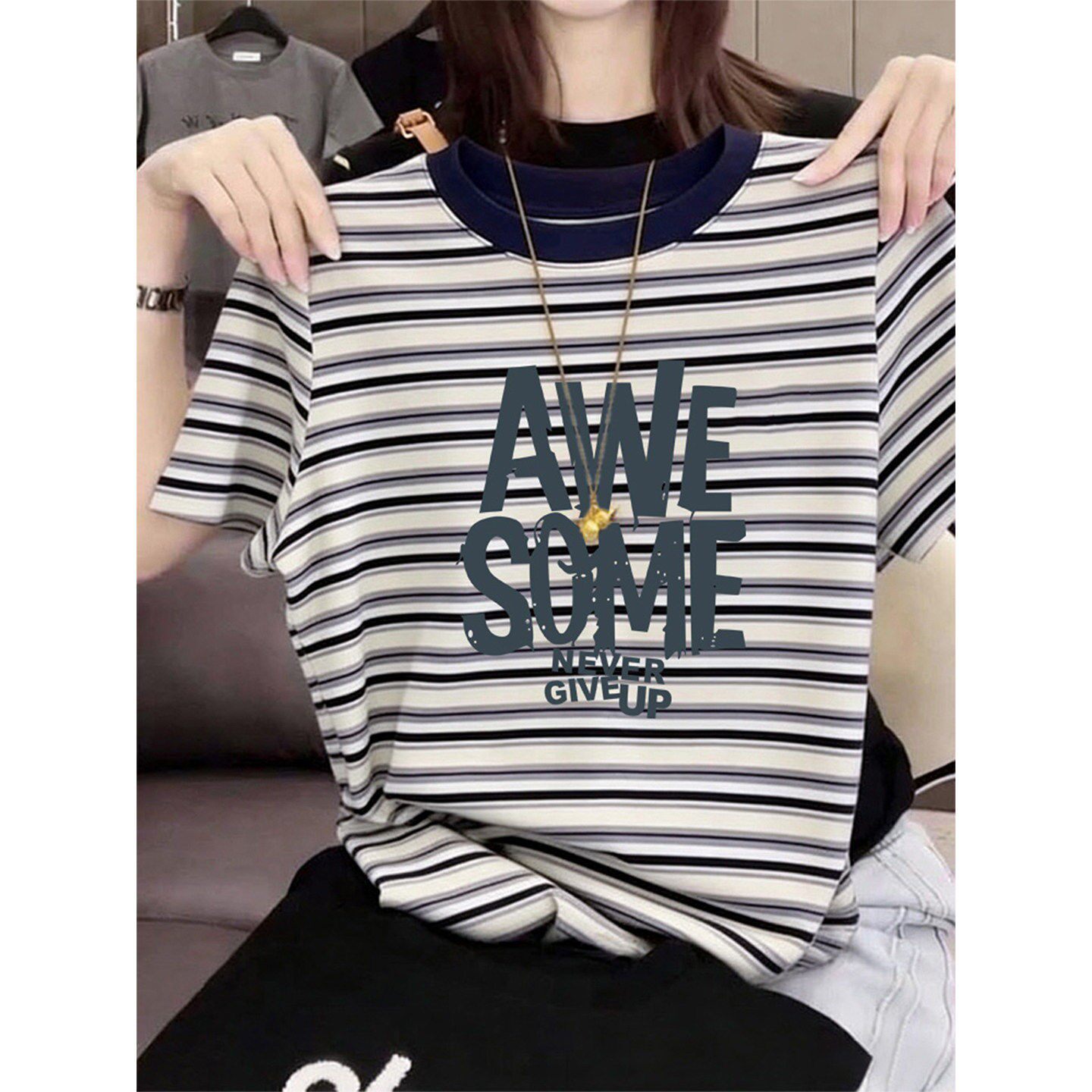 韩国条纹拼色正肩纯棉短袖t恤女小众设计感时尚百搭藏青色上衣夏