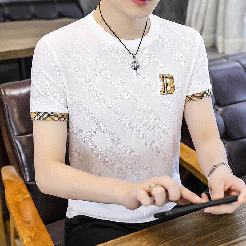 高端夏季男士冰丝短袖t恤新款高端圆领修身白色半袖体恤时尚高端