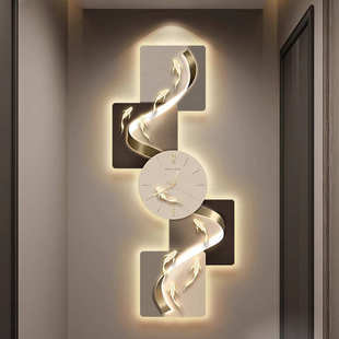 入户九鱼玄关装饰画现代轻奢带钟表挂画走廊过道高级感led灯壁画