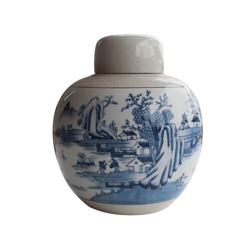 陶瓷器仿古中式圆罐花瓶客厅玄关电视柜复古青花瓷瓶大摆件手工