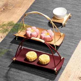 手工竹制提手水果篮茶点盘点心托 古风创意提篮 客厅家用 茶道中式