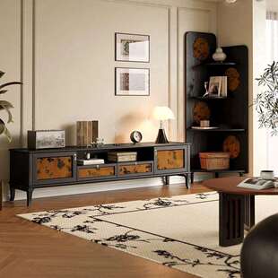 法式 简约香云纱电视柜白蜡木客厅地柜实木复古中古风电视柜2.2米