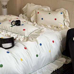 春日重工！法式刺绣全棉贡缎100支四件套纯棉少女心波点南通家纺4