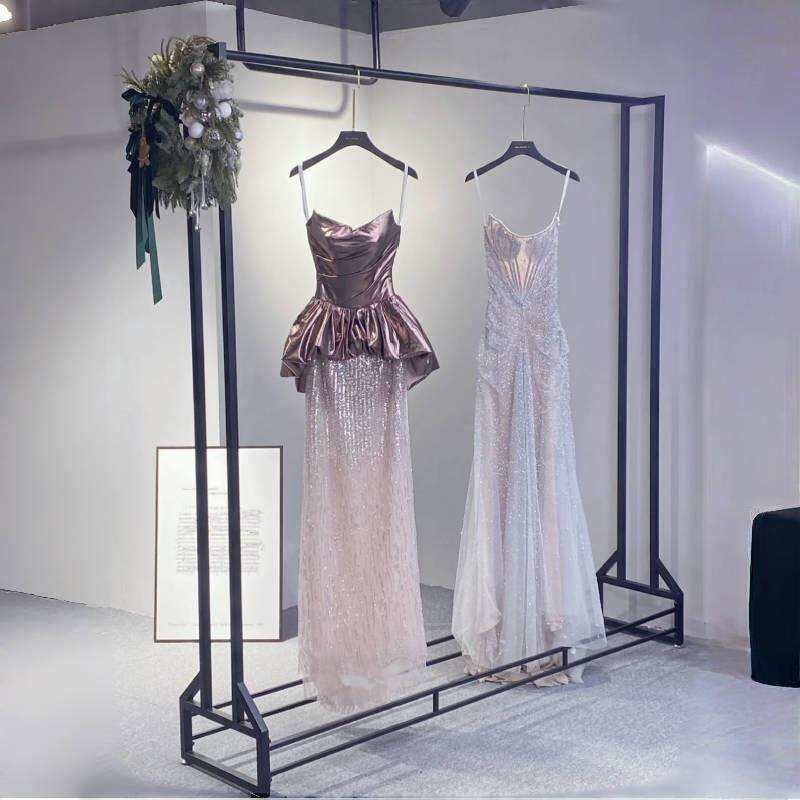 高档婚纱店展示架黑色礼服陈列架落地式双层挂衣架银色挂婚纱架子