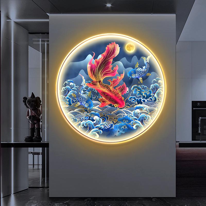 九鱼图入户玄关装饰画圆形LED发光带壁灯轻奢进门墙灯画餐厅挂画图片